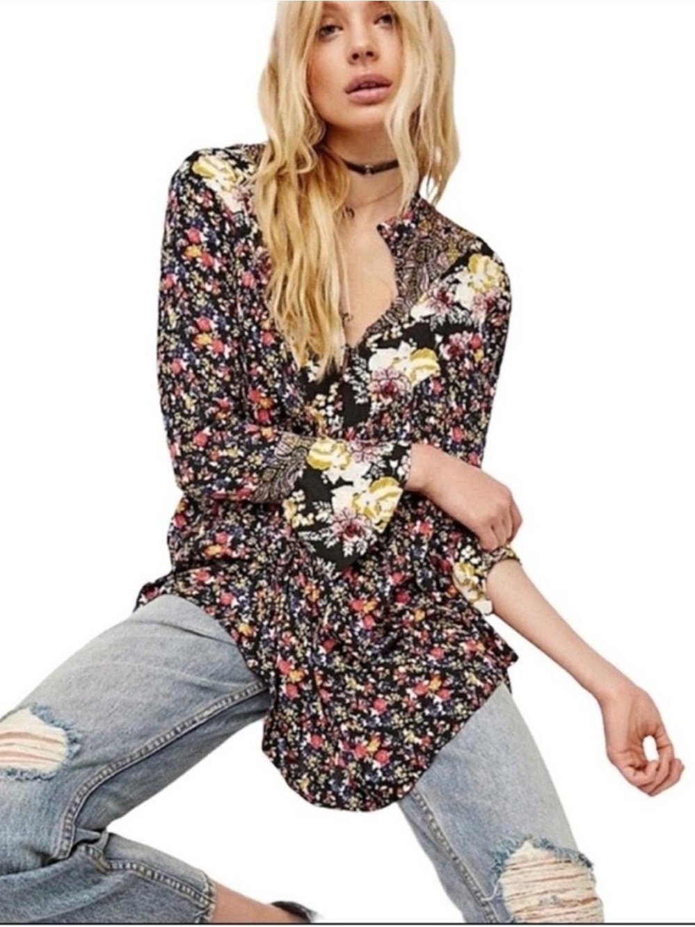 Free People Top Wildflower Fields Floral Boho Peasant Festival Tunic Top size M